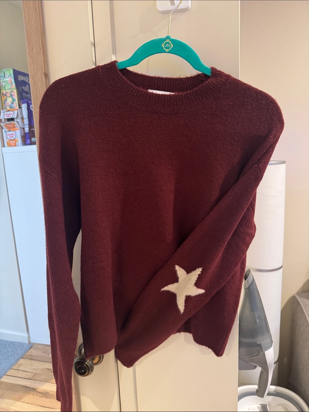 Mango Burgundy Crewneck Sweater with Cream Star Elbow